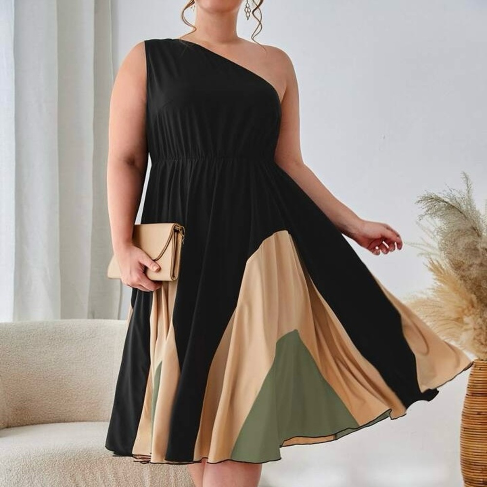 One-Shoulder Color Block Midi Dress – Plus Size, Flowy & Chic